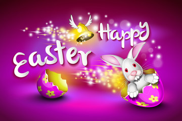 Happy Easter greeting card, a funny rabbit driving an egg shell