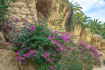 View on the park Guel in Barcelona, Spain, designed by architect Antoni Gaudi, February
