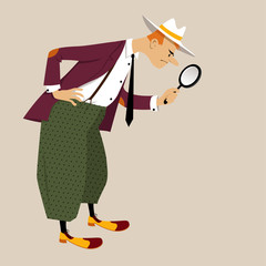 Cartoon man dressed in retro fashion with a magnifying glass, searching or examining something, EPS 8 vector illustration 