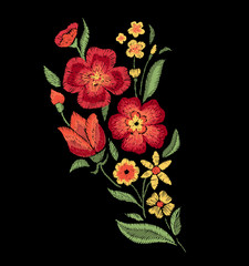 Embroidered bouquet of flowers. Vector floral print. - 196681022