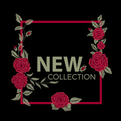 New collection. Fashion graphic design. Embroidered red flowers.