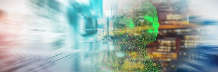 Composite image of profile view illustration of pixelated 3d