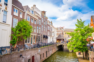 Traditional houses on the Oudegracht (Old Canal) in center of Utrecht, Netherlands