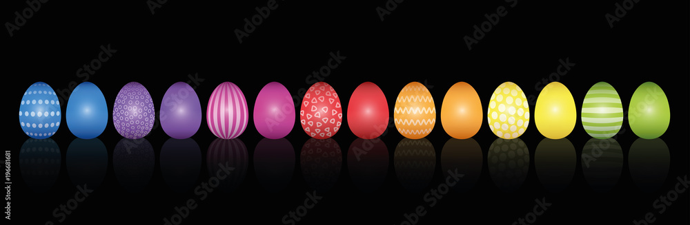 Poster easter eggs. lined up with different colors and patterns. rainbow colored three-dimensional isolated