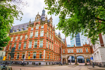 Traditional old street and buildings  in Utrecht, Netherlands.