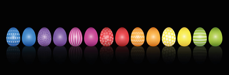 Easter eggs. Lined up with different colors and patterns. Rainbow colored three-dimensional isolated vector illustration on black background.