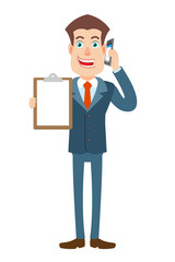 Businessman talking on mobile phone and showing clipboard