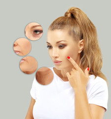 Aging. Mature woman-young woman.Face with skin problem.Before and after cosmetic procedures