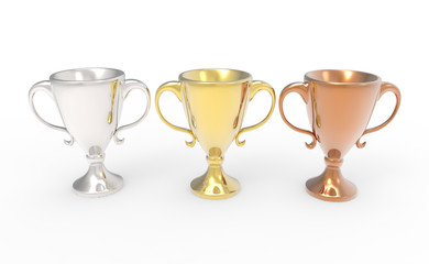 Three cup trophies, gold, silver and bronze. 3D image isolated on white background