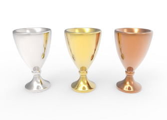 Three cup trophies, gold, silver and bronze. 3D image isolated on white background