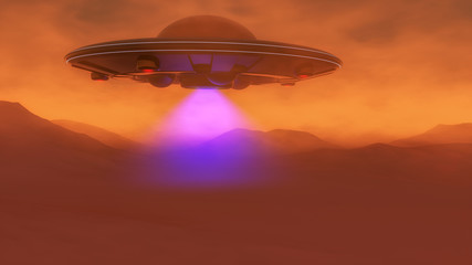 Fototapeta na wymiar an ufo hovers over the mars landscape(3d rendering)