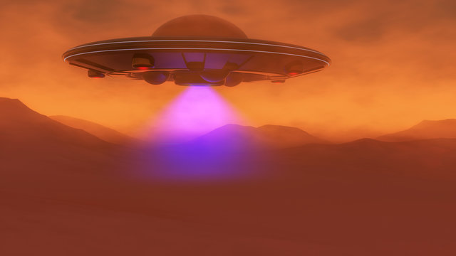 an ufo hovers over the mars landscape(3d rendering)