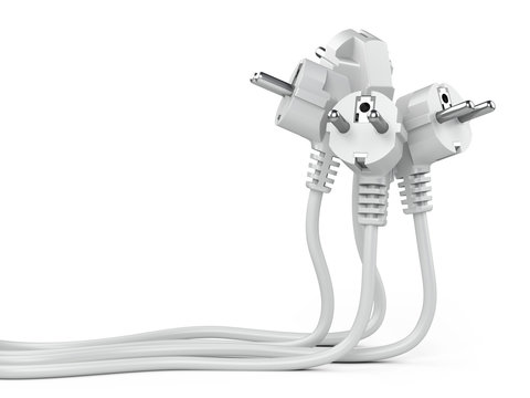 Group white electric plug with long wires.