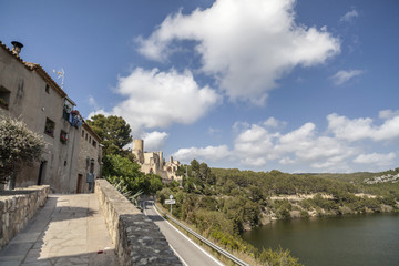 Fototapeta na wymiar Village view and Foix swamp, Castellet, Castellet i la Gornal,Penedes region,Catalonia.