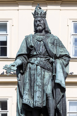 Bronze statue of the eleventh Czech King and Roman Emperor Charles IV. in Prague near Charles Bridge, Czech Republic