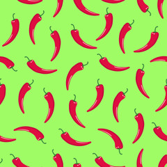 Seamless pattern with red hot chile peppers on green background. Vector illustration of chili peppers.