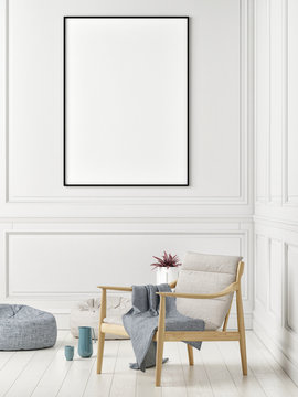 Mock up poster, Scandinavian living room with armchair, 3d render, 3d illustration