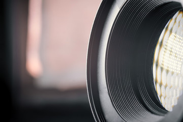 Photo Camera or Video lens close-up on black background, objective, concept of photographer camera...