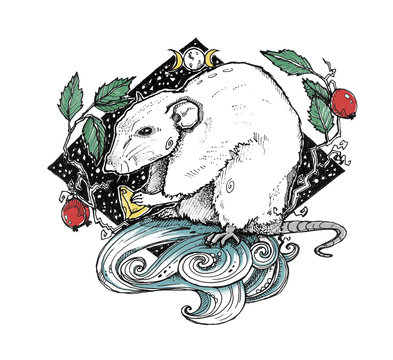 The little mouse with cheese surrounded by rose hip. Abstract graphic wiccan illustration. It can be used for printing on t-shirts, postcards, or used as ideas for tattoos.