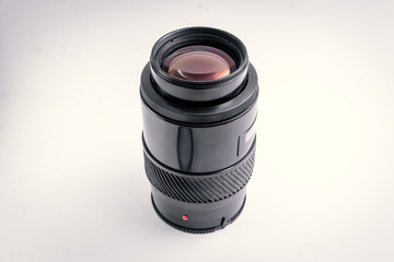 Close-up shot of photo lens on a white background.camera accessories, photographer concept design