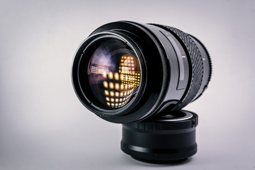 Close-up shot of photo lens on a white background.camera accessories, photographer concept design