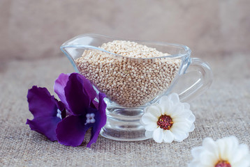 Krupa kinoa in glassware on a linen tablecloth