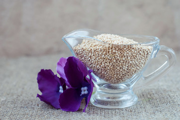 Krupa kinoa in glassware on a linen tablecloth
