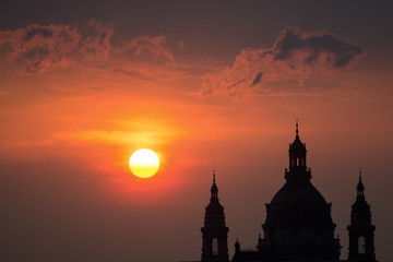 Sunrise, St. Stephen's basilica domes. Budapest, Hungary