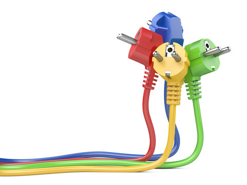 Group plugs colored group electric plug with long wires.