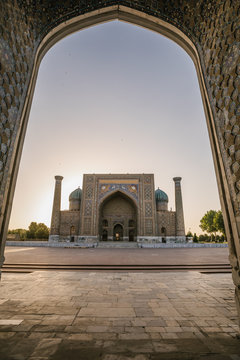 Sher-Dor Madrasah at registan at sunrise, samarqand, uzbekistan