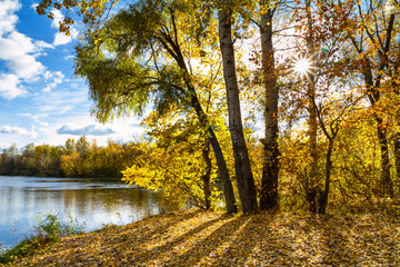 Beautiful autumn landscape - View from the river bank of the Siverskyi Donets, north-east of Ukraine