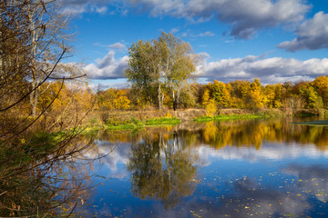 Fototapeta na wymiar Beautiful autumn landscape - View from the river bank with reflection in water, the river Siverskyi Donets, north-east of Ukraine.