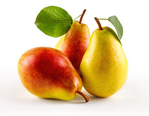 Ripe juicy pears with leaves, close-up, isolated on white background.