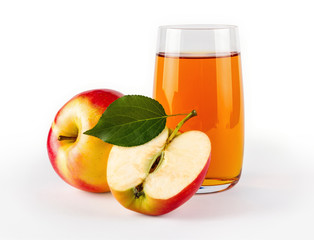 Fresh organic apple juice in glass with raw materials from whole and sliced fruits, close-up, isolated on white background.