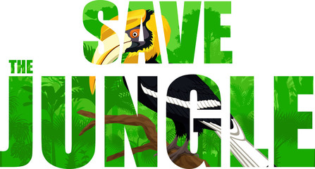 Vector tropical rainforest illustration with yellow billed great hornbill (Save the jungle) © Save Jungle