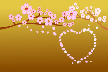 Full bloom cherry blossoms and blowing/flying petals in heart shape; on gradient gold background. Beautiful pink Sakura flowers on brown branches with copy-space. Vector illustration in flat design.