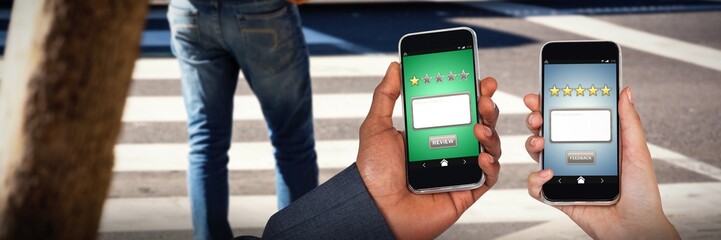 Composite image of cropped hands of man and woman holding mobile