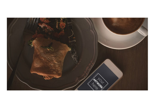Smartphone with Plate of Food and Coffee Mockup 1