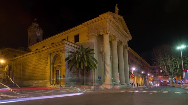 4K Timelapse steets of night Nice city France and Port Marine building and many cars