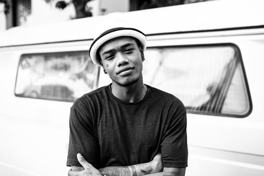 Black and white portrait of a confident african young man