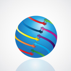 Logo handshake people connection through world vector image on blue background