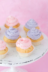 Obraz na płótnie Canvas Cupcakes with violet and pink cream on white shabby shic stand on pastel pink background