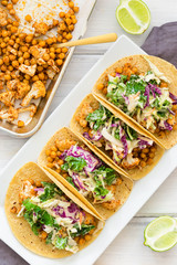 Chickpea Cauliflower Vegan Tacos with Cabbage Slaw Mexican Food on a Crisp White Wooden Background Top Down Bird Eye View