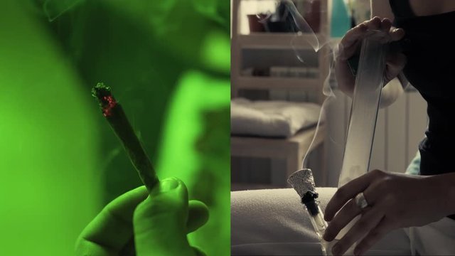 Smoking marijuana buds through a bong and rolled joint close-up. 