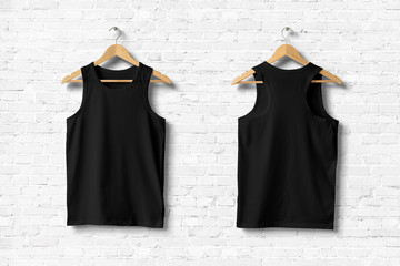 Black Tank Top Shirt Mock-up hanging on white wall, front and rear side view. 3D rendering.