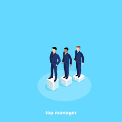 the man in a business suit is standing on a pedestal on a blue background, an isometric image