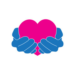 Hands holding pink heart with love and care icon logo vector graphic design