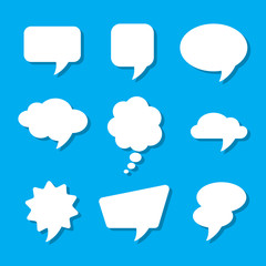 Set of nine comic speech bubbles on blue background