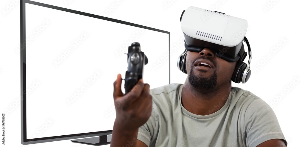 Poster composite image of man using virtual reality headset and playing