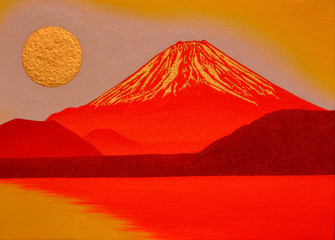 本栖湖からの金の太陽の日の出赤富士